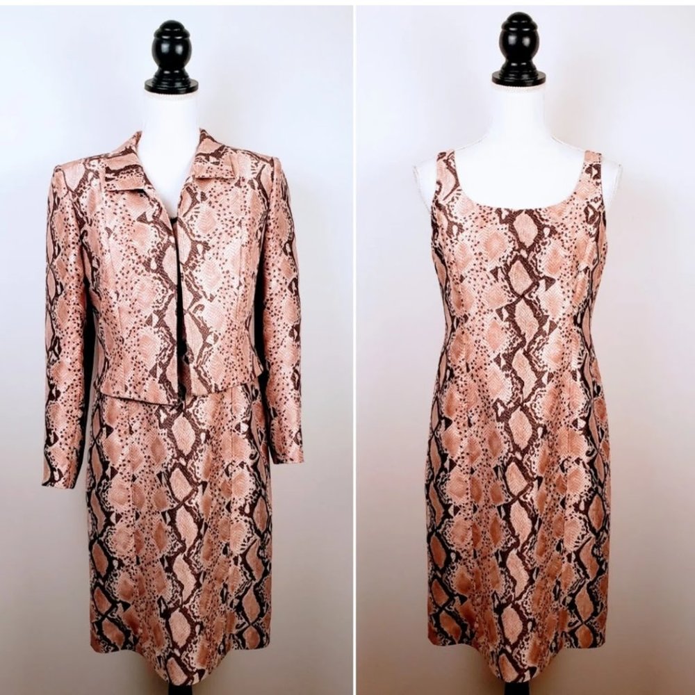 KAY UNGER Dress Blazer Suit Set, Pink Black 100% Silk Snakeskin Pattern Career 8